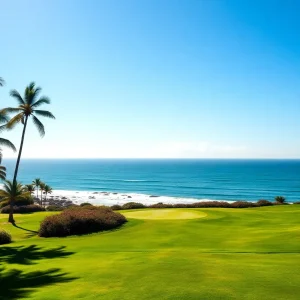 A scenic view of Pebble Beach Golf Links with ocean and golf course.