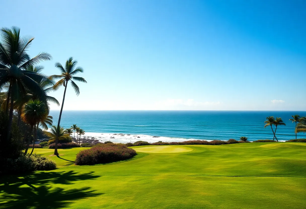 A scenic view of Pebble Beach Golf Links with ocean and golf course.