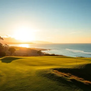 Pebble Beach Golf Links during a PGA tournament with players and crowds.