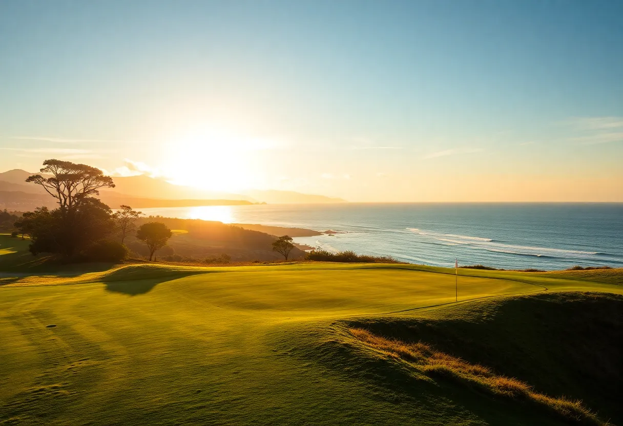 Pebble Beach Golf Links during a PGA tournament with players and crowds.