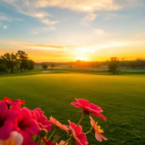 A tranquil sunset over a golf course with flowers in the foreground, representing legacy and remembrance.