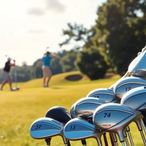 Golf players discussing equipment choices on a verdant golf course.