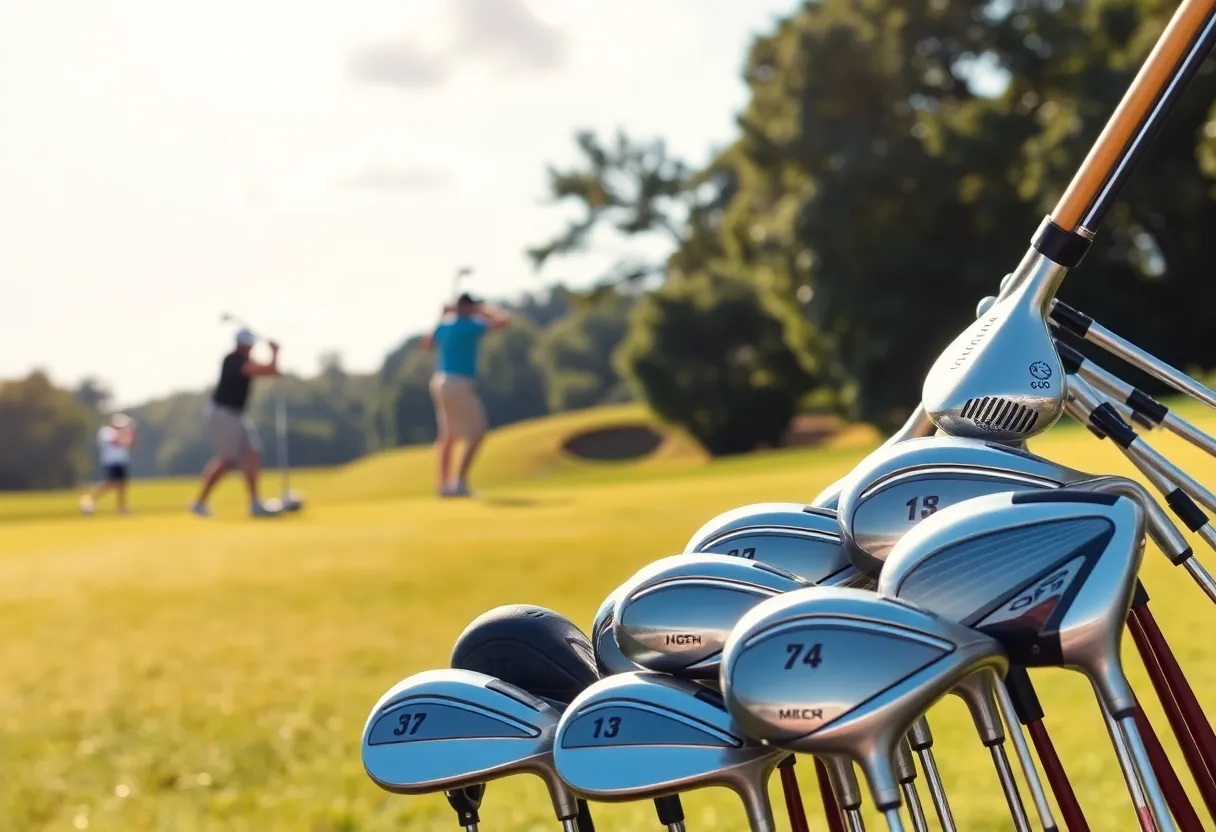 Golf players discussing equipment choices on a verdant golf course.