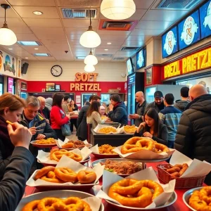 Interior of Philly Pretzel Factory with customers enjoying pretzels