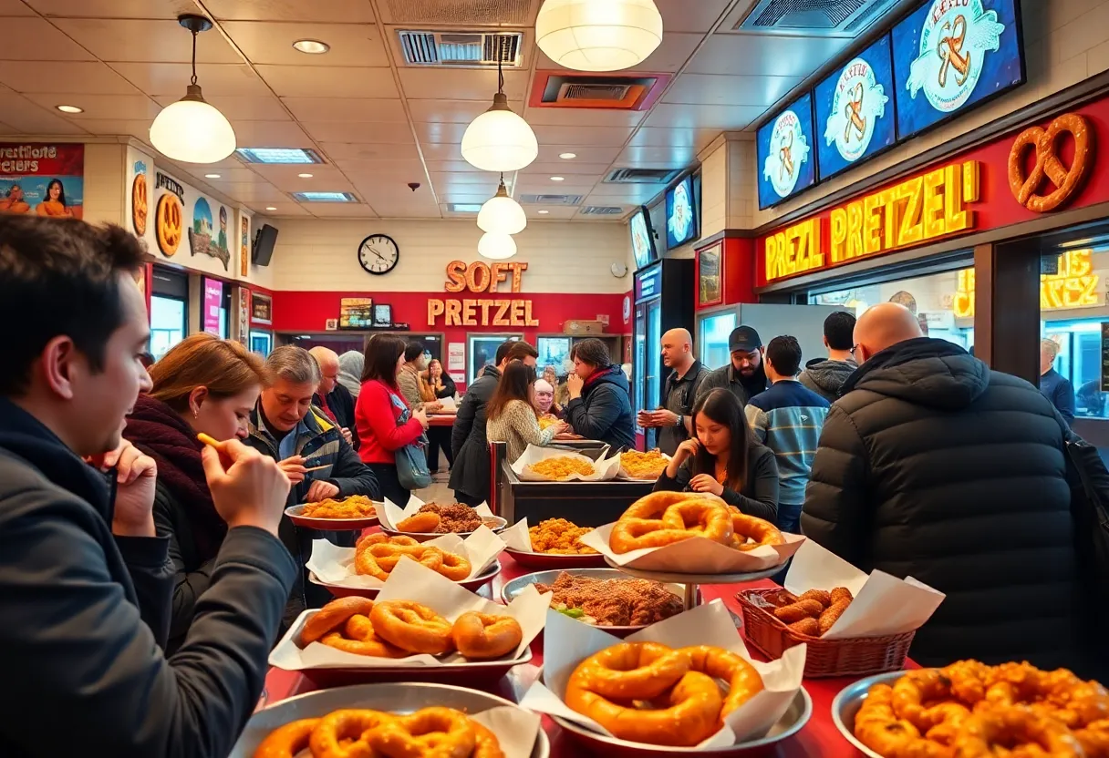 Interior of Philly Pretzel Factory with customers enjoying pretzels