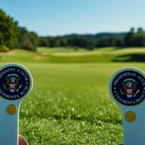 Golf tee markers featuring the Presidential Seal on a golf course