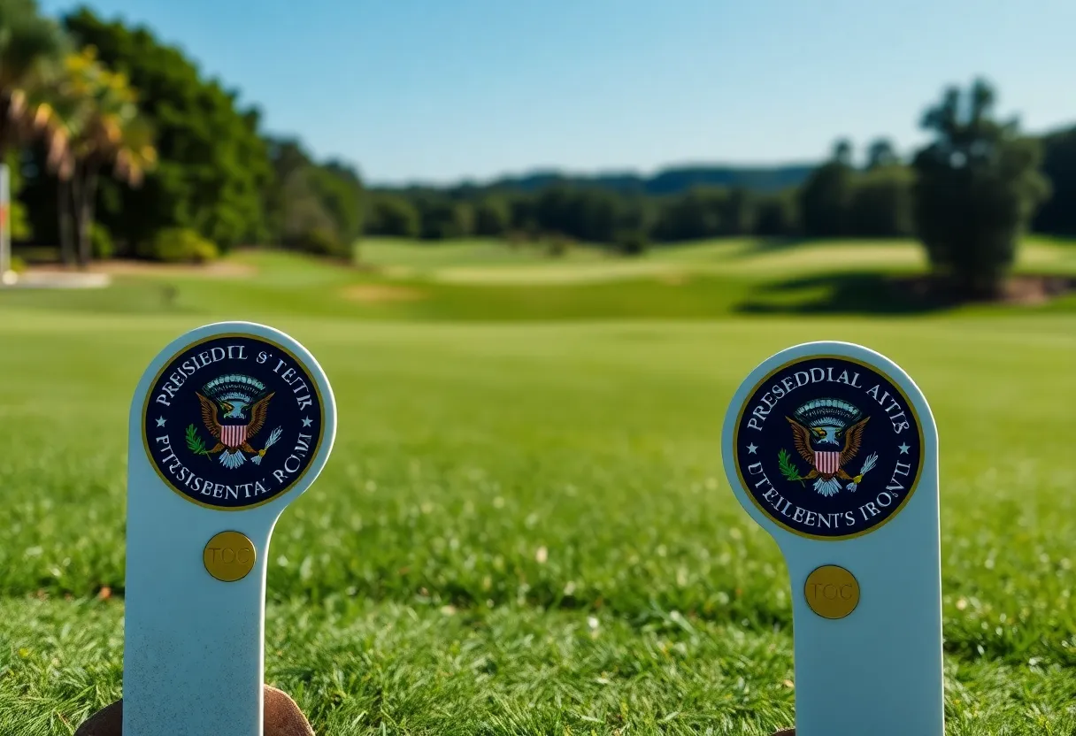 Golf tee markers featuring the Presidential Seal on a golf course