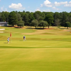 A scenic view of a public golf course in Georgia with lush greens and mountains