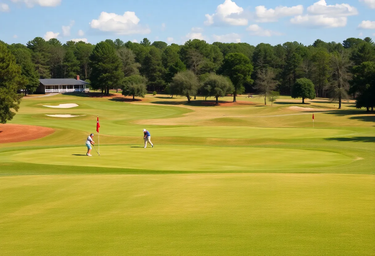 A scenic view of a public golf course in Georgia with lush greens and mountains