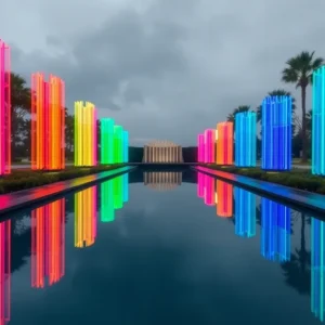 Artist's rendering of the Pulse nightclub memorial with a reflection pool and colorful light features.