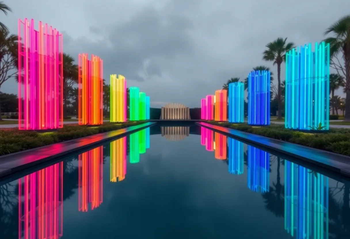 Artist's rendering of the Pulse nightclub memorial with a reflection pool and colorful light features.