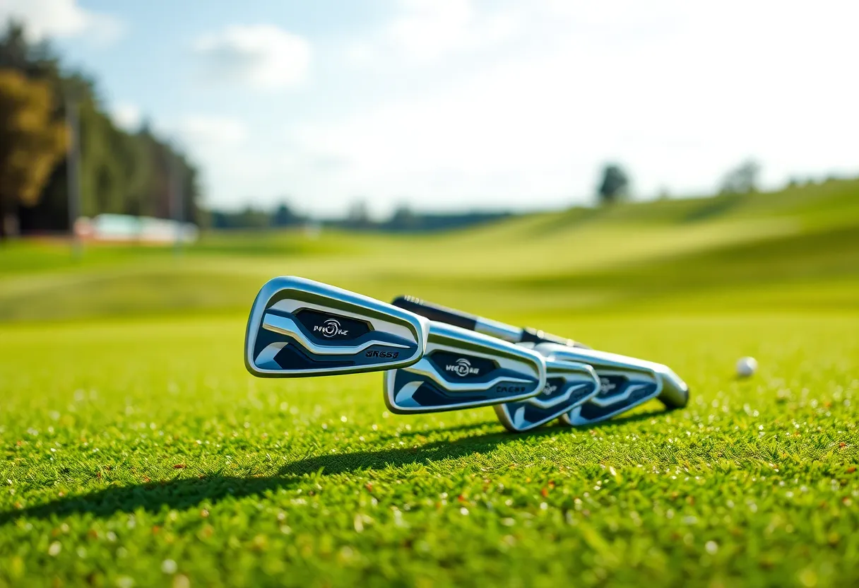 A collection of PXG Black Ops and GEN7 Irons on a golf course