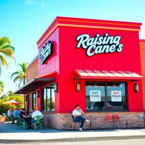 Exterior view of Raising Cane's restaurant with outdoor seating in Orlando