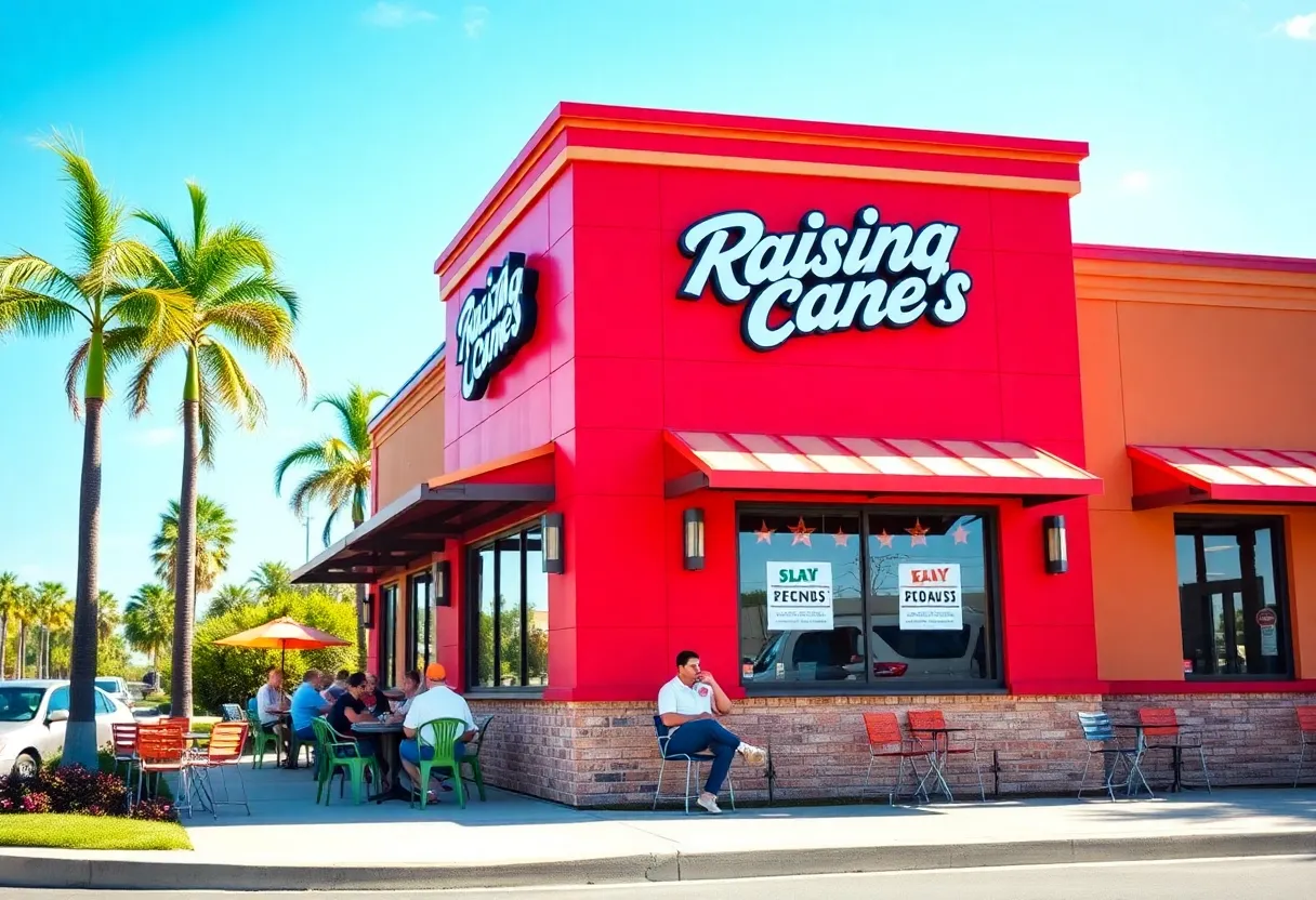 Exterior view of Raising Cane's restaurant with outdoor seating in Orlando