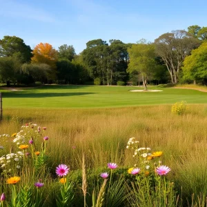 A landscape photograph showing a rewilded former golf course with flourishing ecosystems.