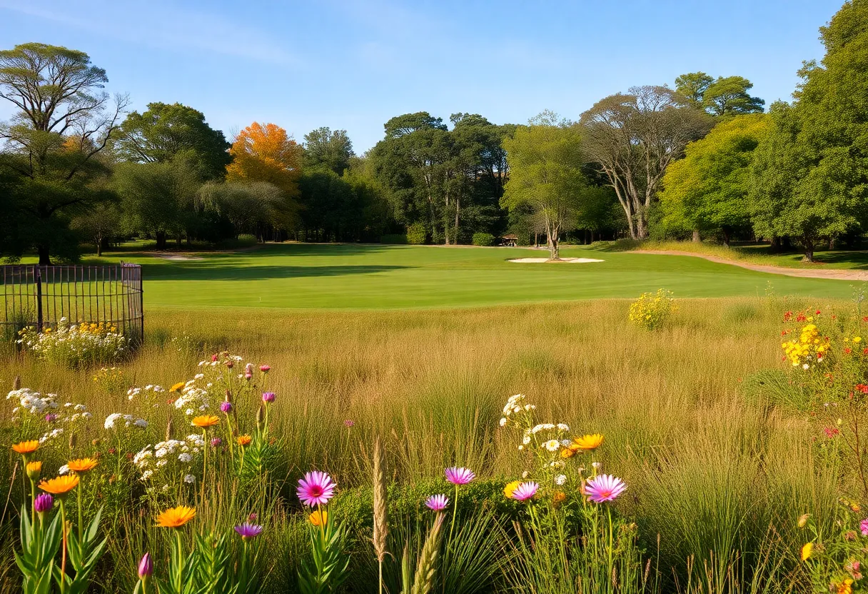 A landscape photograph showing a rewilded former golf course with flourishing ecosystems.