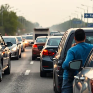 Road rage scenario with vehicles on a busy street