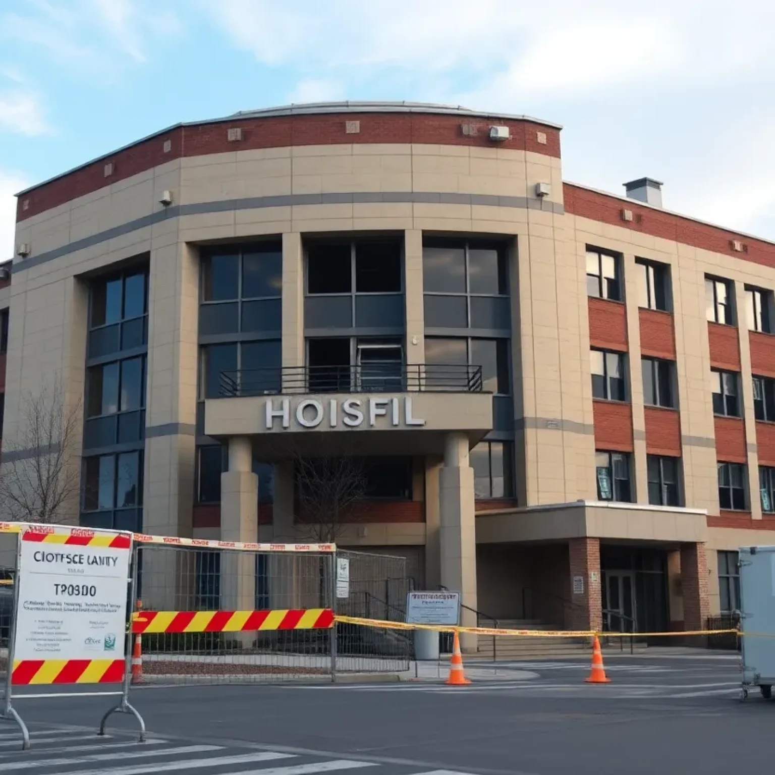 Exterior view of Rockledge Hospital with caution signs