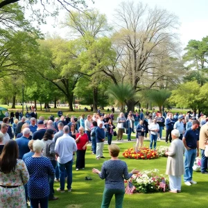 Community members gathering in a park to remember Ronald J. Kay