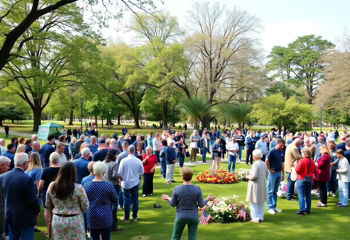 Community members gathering in a park to remember Ronald J. Kay