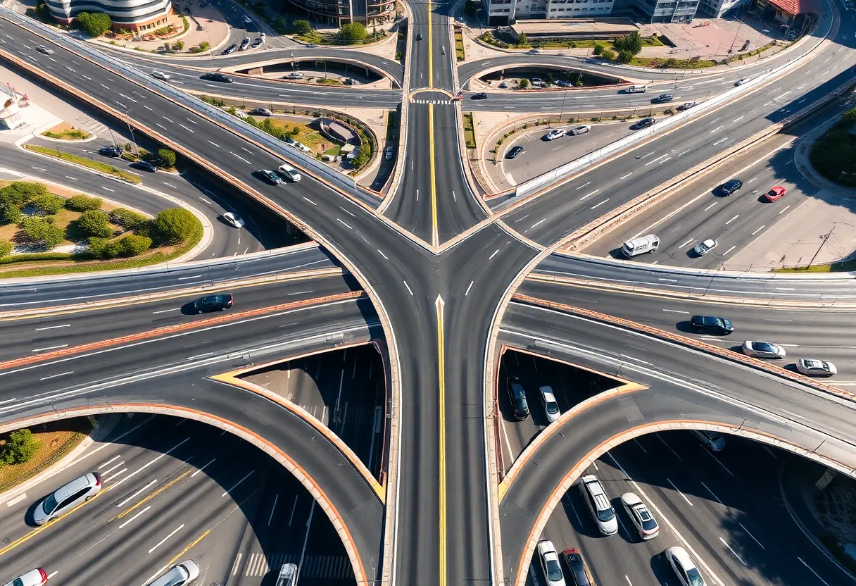 Traffic flow at Sand Lake Road interchange illustrating the diverging diamond design