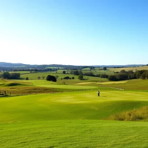 A picturesque view of a golf course in England at sunset