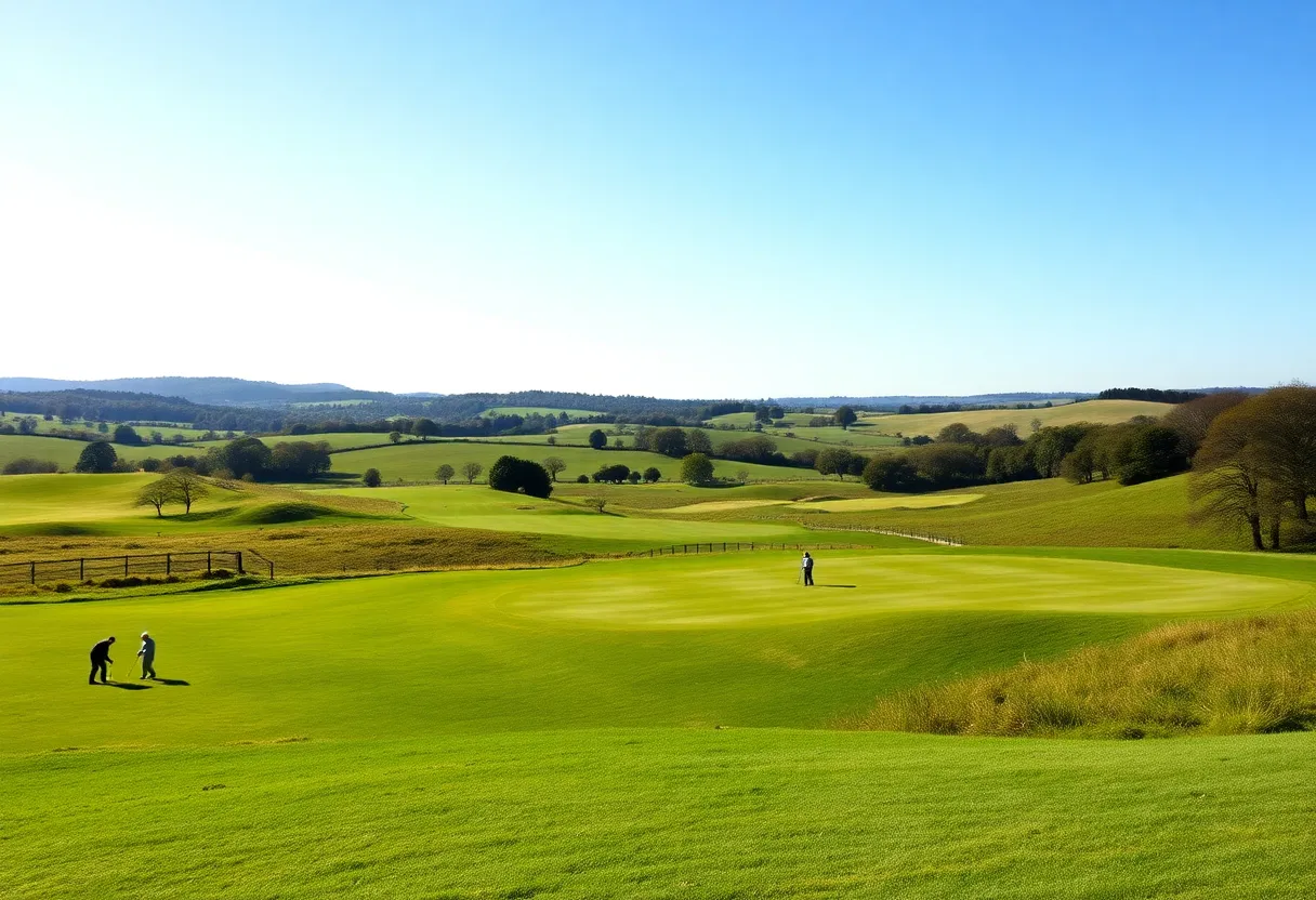 A picturesque view of a golf course in England at sunset