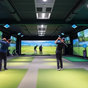 Golfers practicing indoors at Smash Factor 1.50