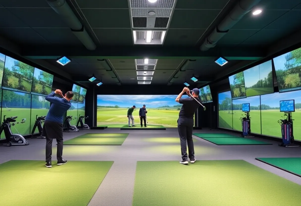 Golfers practicing indoors at Smash Factor 1.50