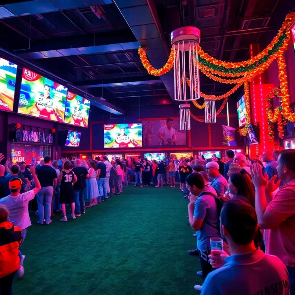 Crowd enjoying a Super Bowl party in Orlando with large screens and festive atmosphere.