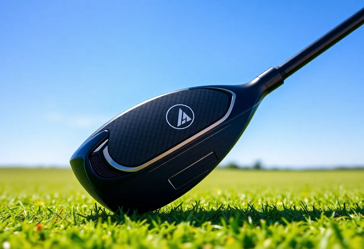 TaylorMade Qi35 driver line on a golf course with a blue sky background