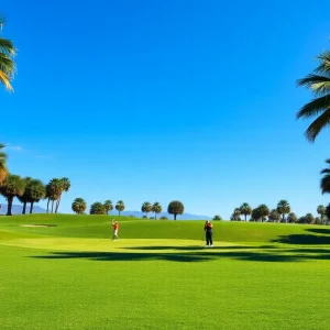 Golfers playing at a sunny golf course in a warm-weather state