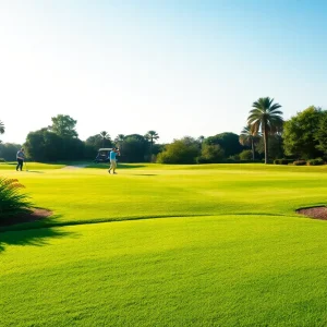 A beautiful golf course with manicured lawn and golfers