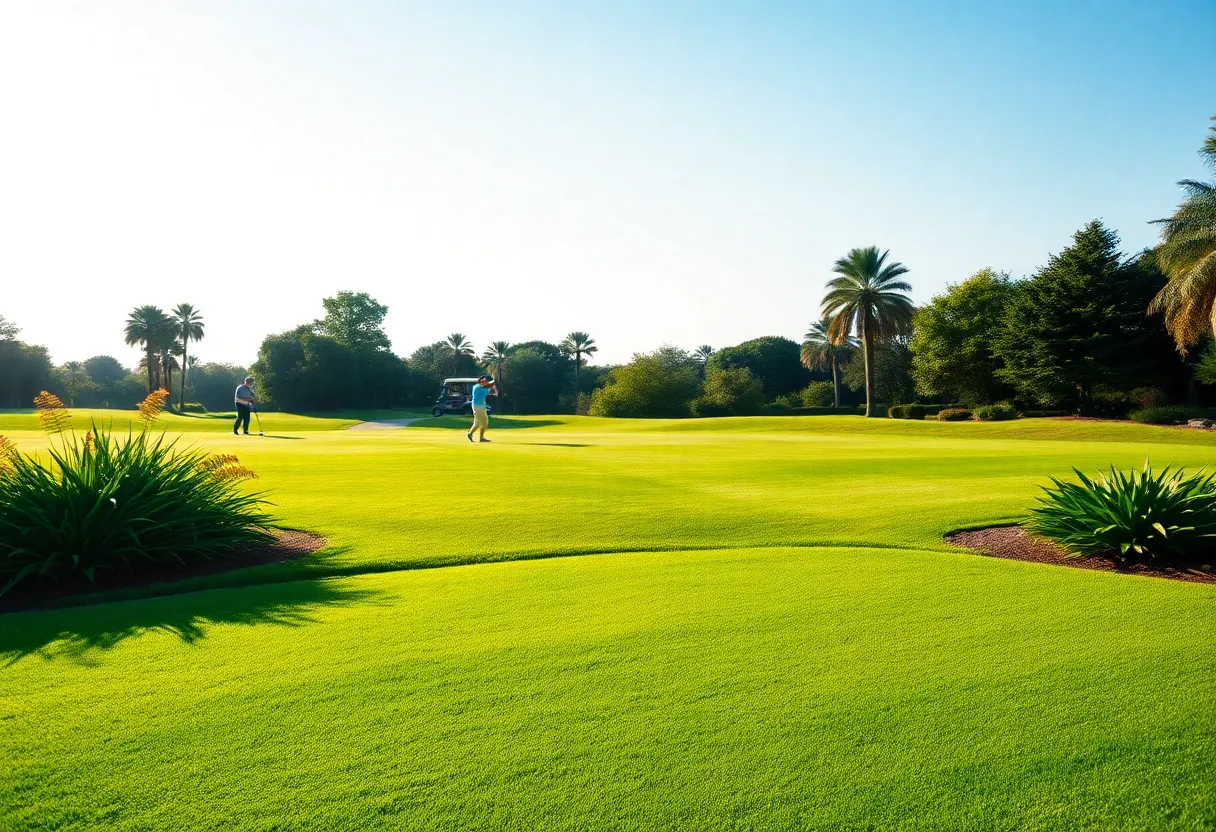 A beautiful golf course with manicured lawn and golfers