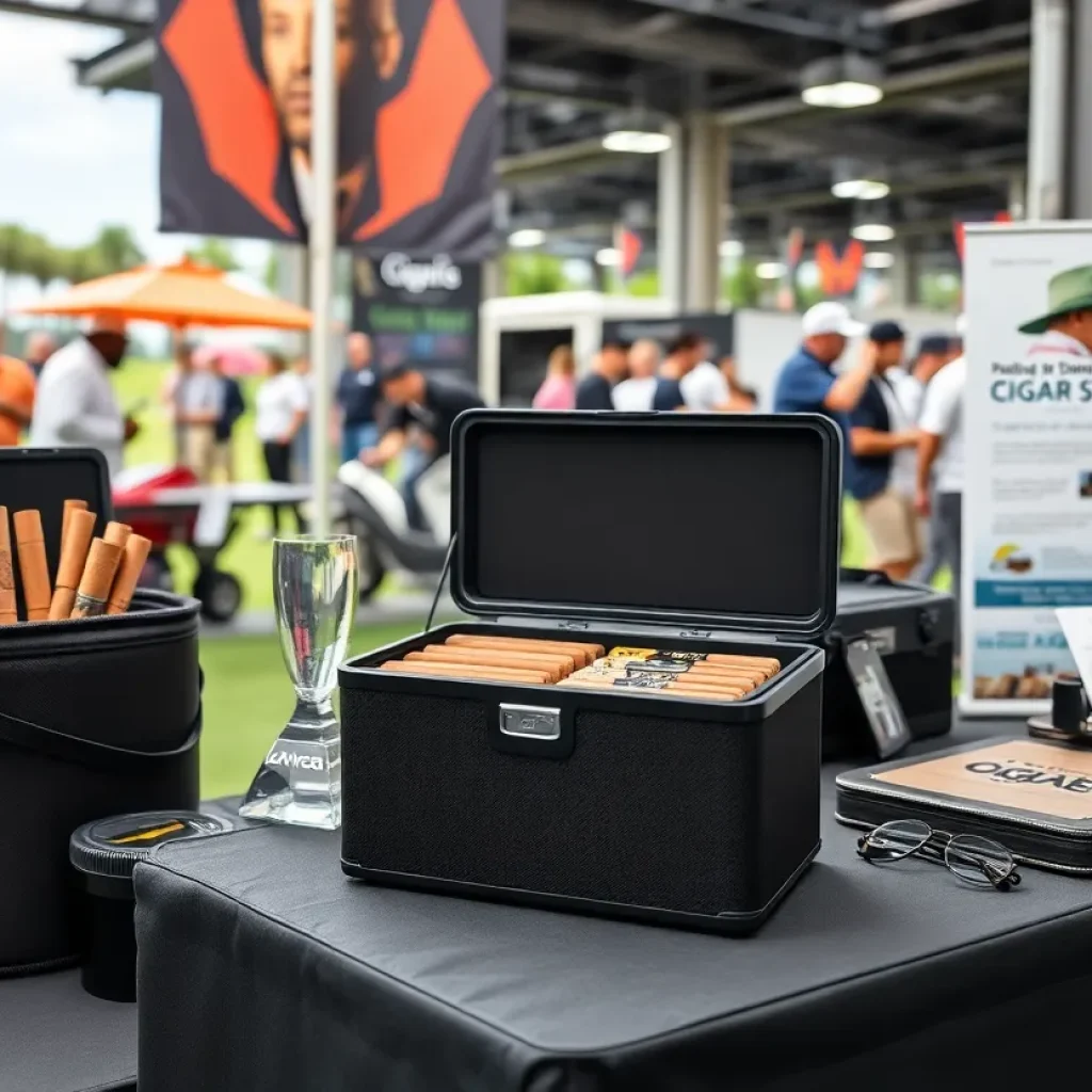 Tübr's innovative portable cigar storage displayed at the PGA Show among vibrant exhibits.