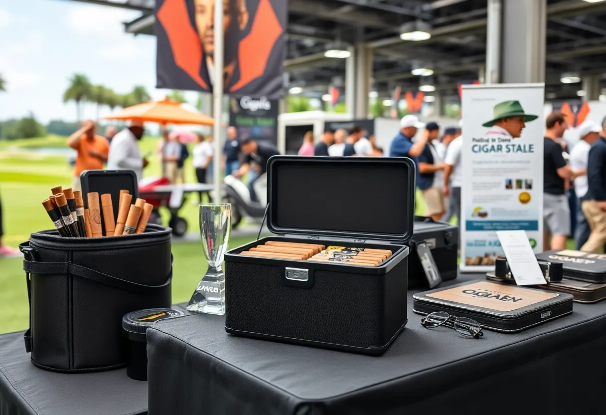 Tübr's innovative portable cigar storage displayed at the PGA Show among vibrant exhibits.