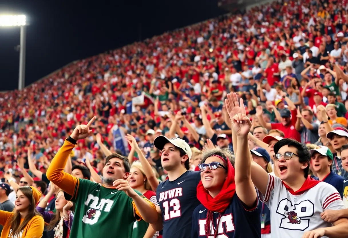 UCF football fans cheering in a packed stadium