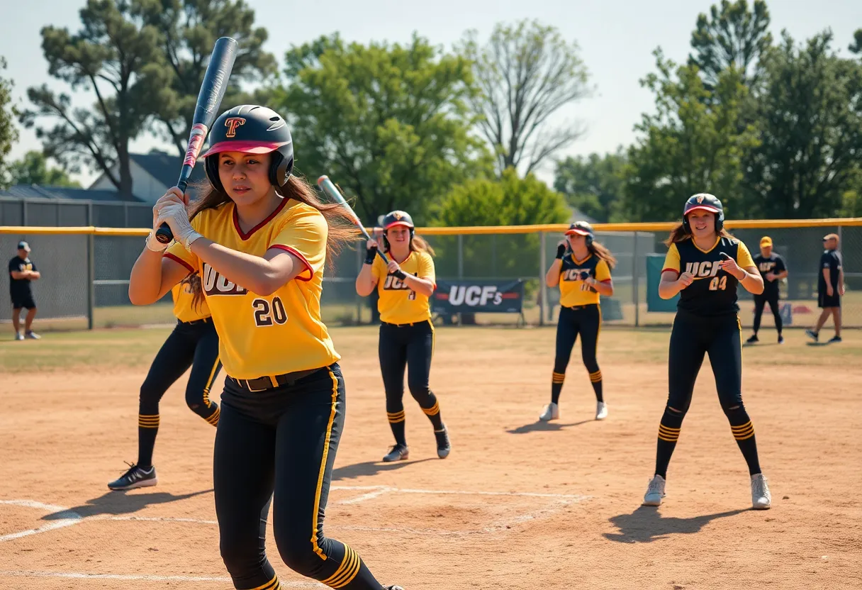 UCF softball players practicing on a field