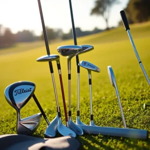 Selection of Titleist golf clubs on a golf course tee.