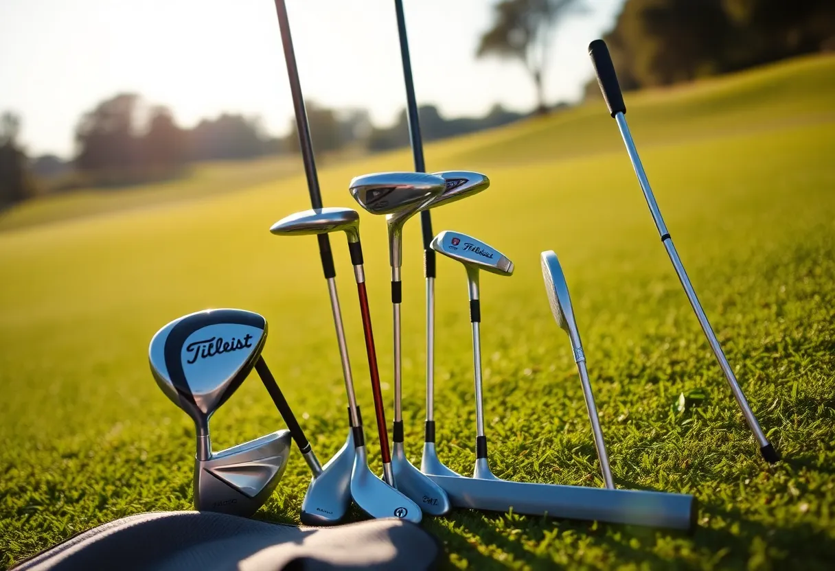 Selection of Titleist golf clubs on a golf course tee.