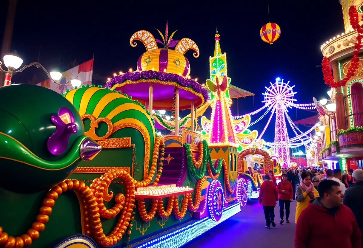 Vibrant floats and performers in Universal Mardi Gras parade