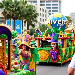 Mardi Gras parade at Universal Orlando Resort with colorful floats and festivities