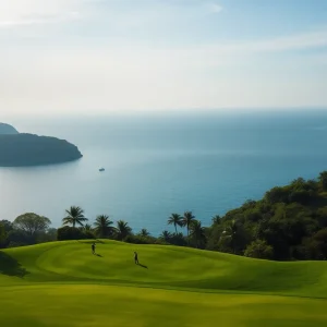 Lush golf course in Vietnam with coastal backdrop