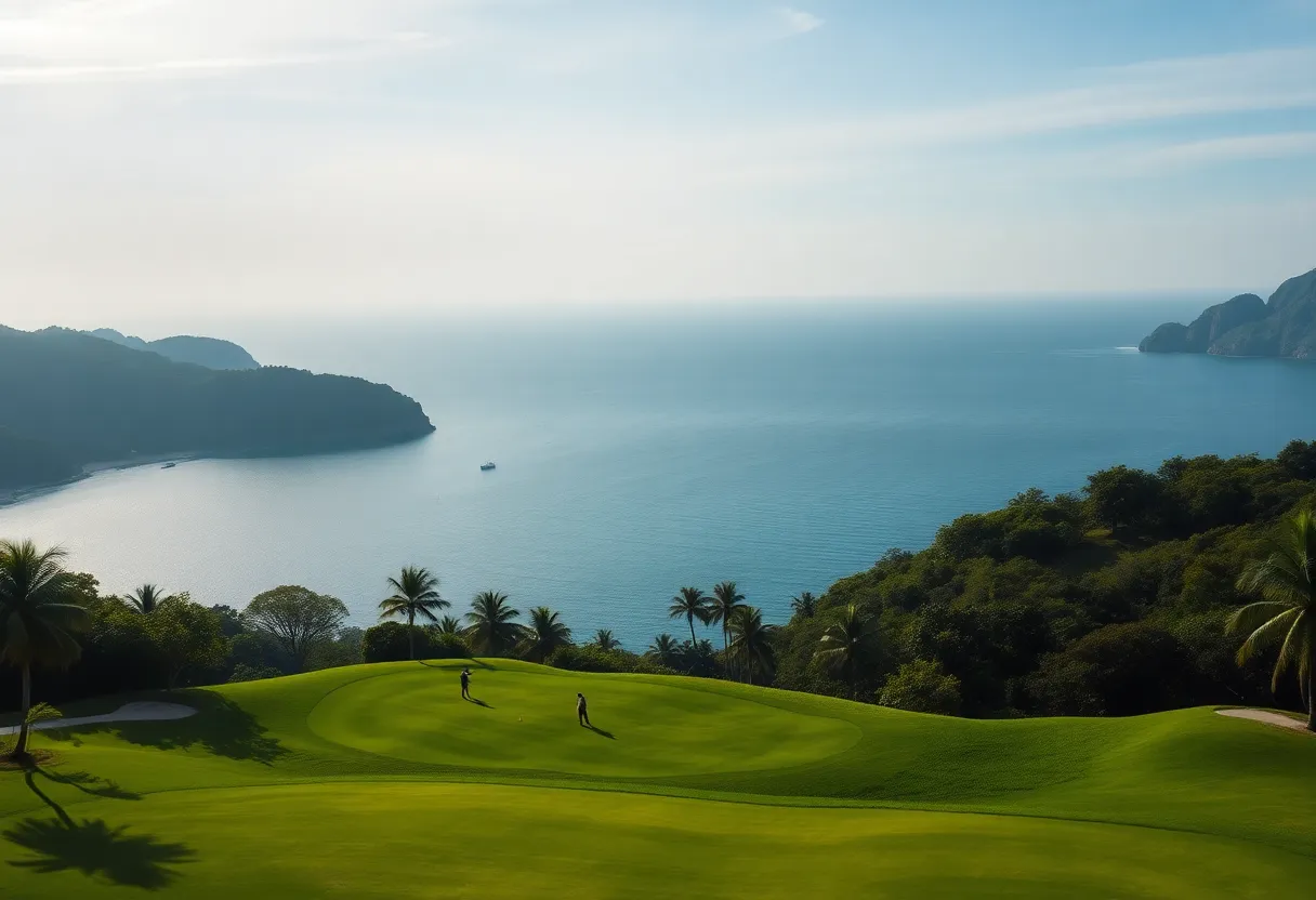 Lush golf course in Vietnam with coastal backdrop