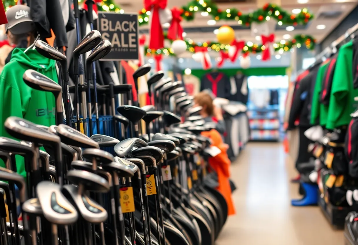 Display of discount golf equipment for Black Friday at Walmart