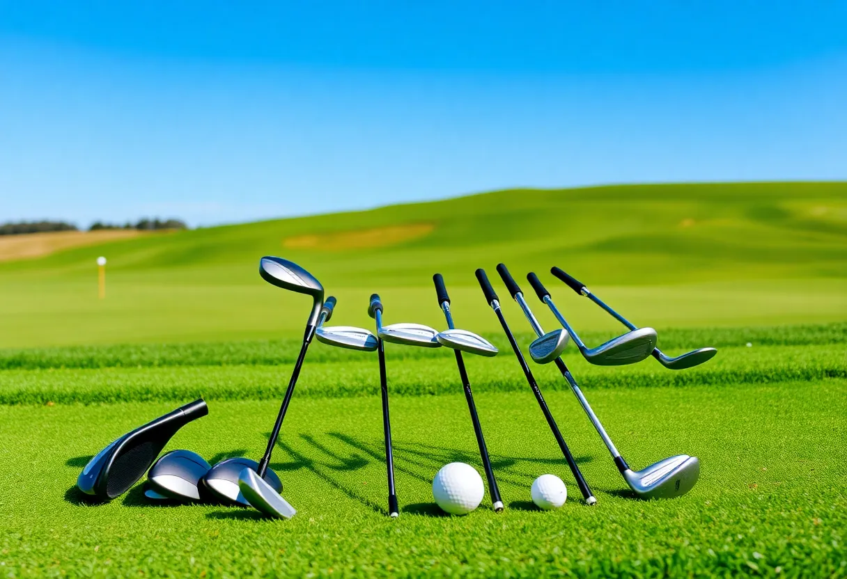 Golfer applying the new Dynapwr clubs on a lush golf course