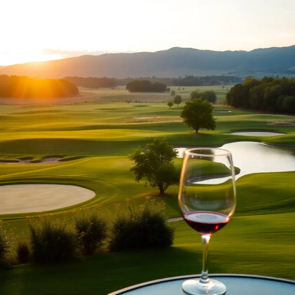 Wine glasses on a table near a golf course