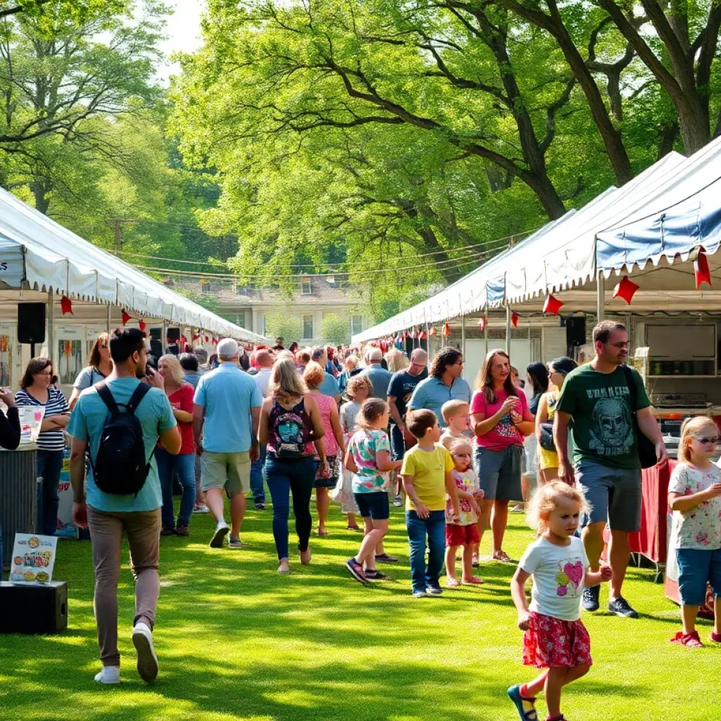 Families enjoying the Winter Park Arts Festival with colorful decorations and activities in the park.