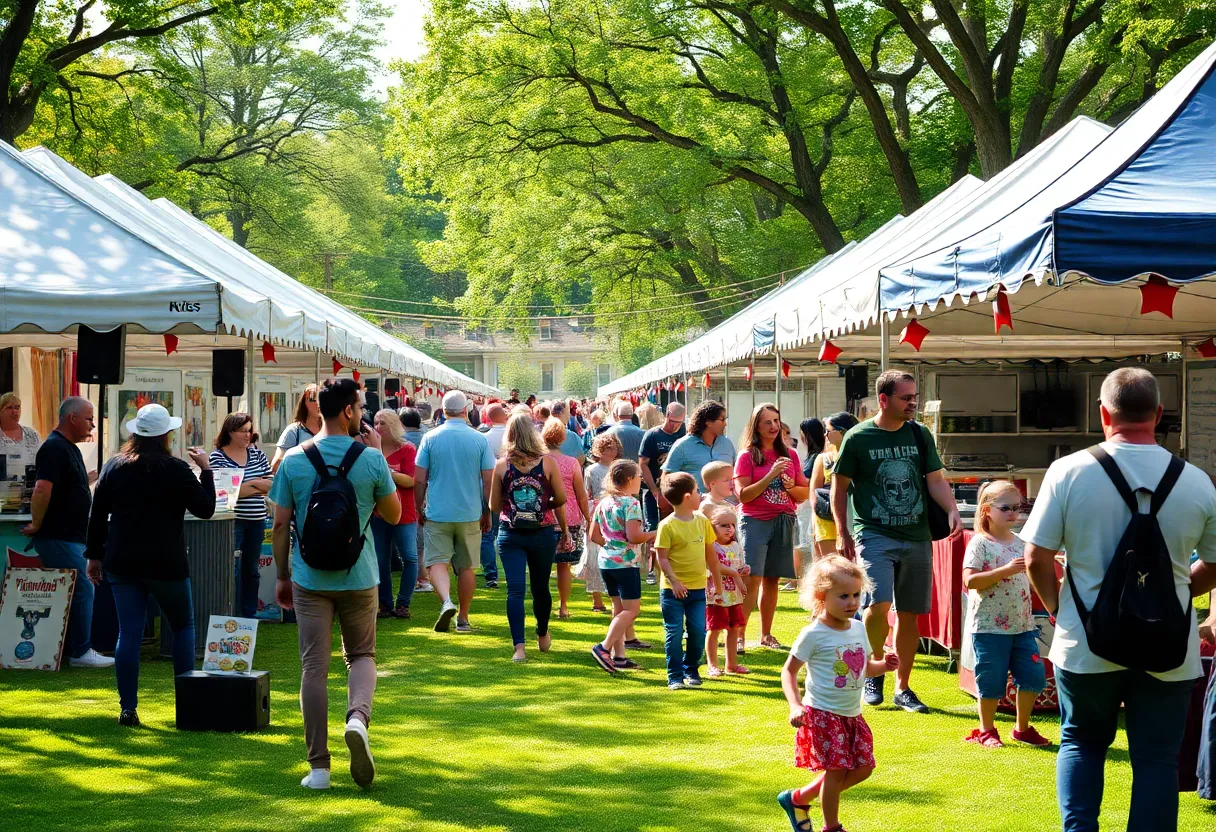 Families enjoying the Winter Park Arts Festival with colorful decorations and activities in the park.