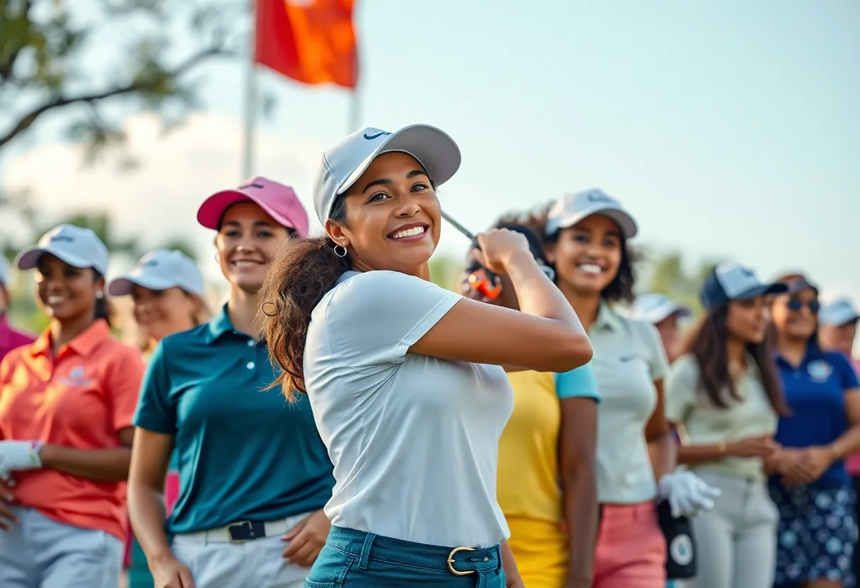 Women athletes participating in a golf tournament, reflecting diversity and inclusion.